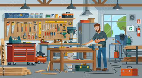 Carpenter working in organized workshop illustration with woodworking tools, workbench, saw, drill press, safety gear, lumber, and professional handyman interior scene