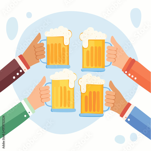 多様な人々が冷たいビールグラスで乾杯するベクターイラスト