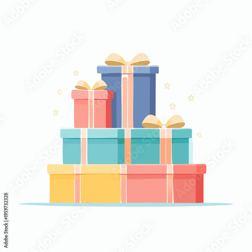 リボンが付いたギフトボックスが重なるパステルカラーのベクターイラスト