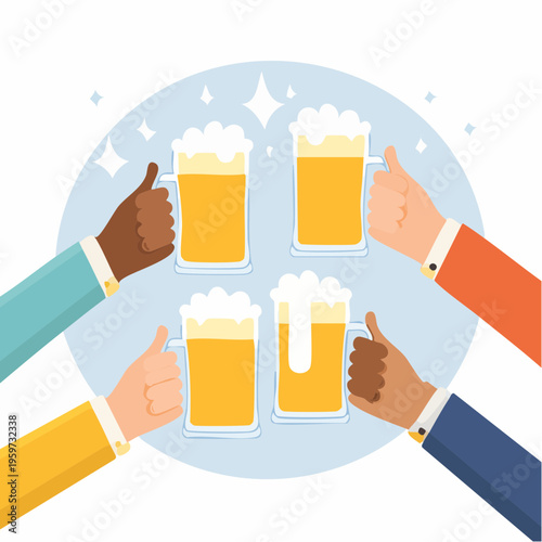 多様な人々が冷たいビールグラスで乾杯するベクターイラスト