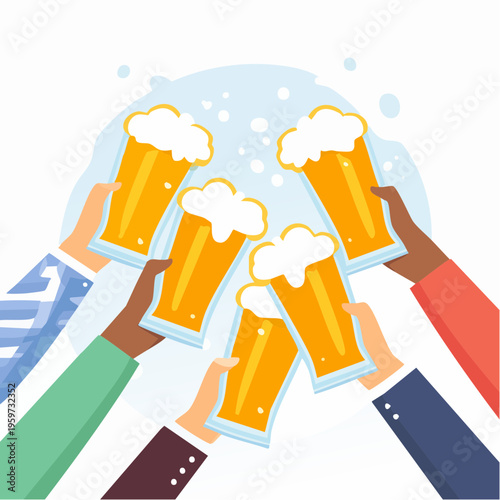 多様な人々が冷たいビールグラスで乾杯するベクターイラスト