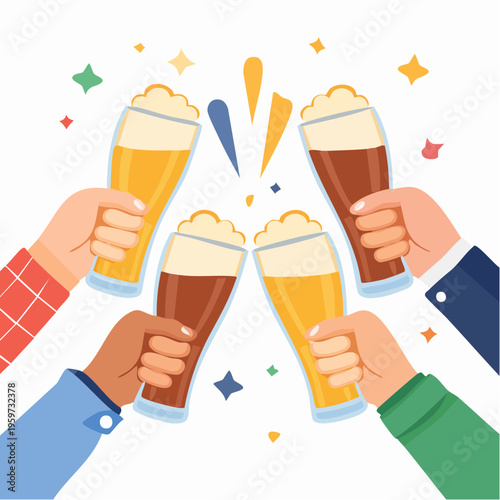多様な人々が冷たいビールグラスで乾杯するベクターイラスト