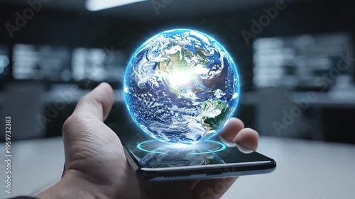 Person interacting with a glowing digital globe on a smartphone screen