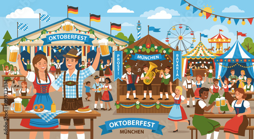 Oktoberfest Munich celebration illustration with beer festival tents, Bavarian costumes, live music, dancing, carnival rides, food, and joyful crowd at festive beer garden