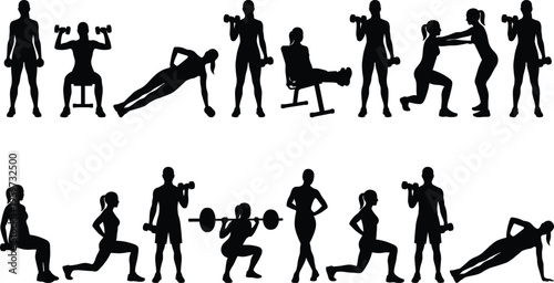 Fitness workout silhouettes set featuring men and women performing strength training exercises with dumbbells squats lunges pushups gym training isolated on white background