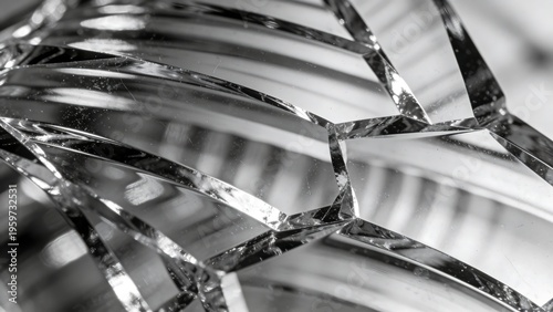 Abstract macro shot of shattered transparent glass with sharp edges and futuristic reflections, conceptual 3D broken crystal texture for technology and disruption themes