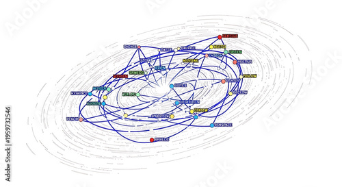 A complex network diagram illustrating connections and relationships between various entities in a modern system