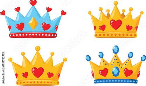 Cuadro en lienzo Cute crown cartoon set, colorful royal tiara with hearts and gems isolated vecto
