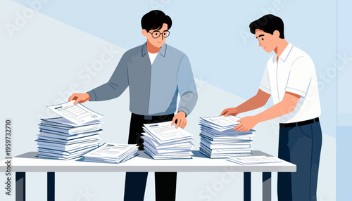 Two men sort stacks of papers at a desk. One wears glasses and a sweater. The other wears a white shirt and trousers. They focus on organizing documents. Ideal for business, office