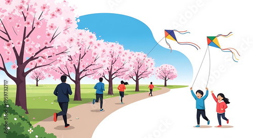 A vibrant illustration of people enjoying a spring day in a park with blooming cherry blossoms and flying kites