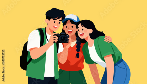 Three friends pose joyfully with a camera. One holds the camera, ready to capture the moment. They laugh, sharing warmth and excitement. Bright colors and cheerful expressions dominate the scene