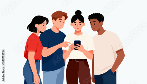 Four diverse friends gather closely around a smartphone. They all lean in, sharing excitement over a screen. One person holds the phone, others point with interest. Their expressions show curiosity