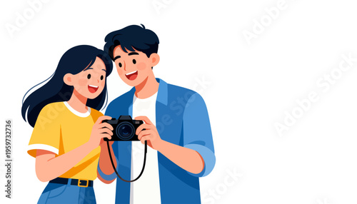 Young couple smiles together, holding a camera. Their joyful expressions show shared excitement. Perfect for travel, adventure, or photography themes. Bright colors add cheerful, lively energy