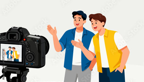 Two men gesture excitedly beside a camera. One smiles broadly, the other laughs softly. The camera's screen shows their joyful expressions. They appear to be filming a lively vlog