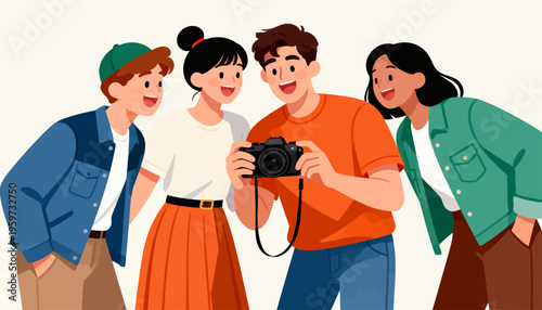 Four friends gather joyfully around a camera. One holds the device with eager delight. Smiles shine bright as they share the moment. Perfect for social media, group outings, or fun memories