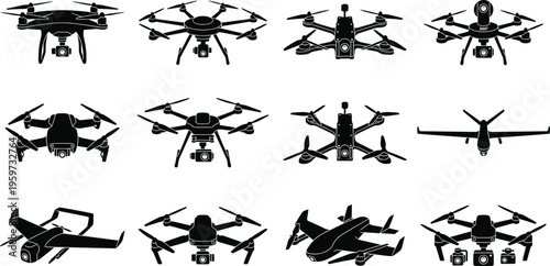 Drone silhouettes collection with quadcopter and aerial camera UAV designs isolated on white background, modern technology, surveillance, photography and delivery vector illustration set