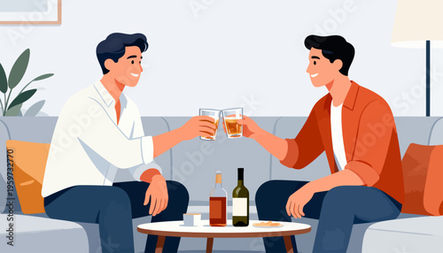 Two men toast with beer glasses on a cozy sofa. They smile, sharing a friendly, relaxed moment. Wine bottle and snacks sit on the small table. Soft lighting and indoor plants add warmth to the scene