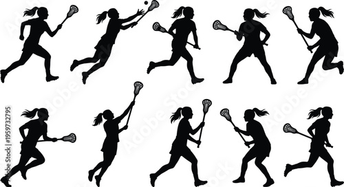 Women lacrosse player silhouettes collection isolated on white background, female athlete action poses with sticks, team sport training and competition vector set