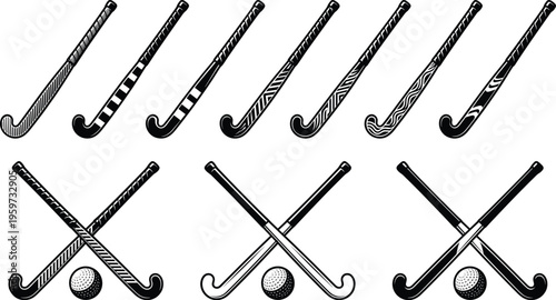 Field hockey stick and ball silhouette collection with various design styles isolated on white background, sports equipment concept for team game branding
