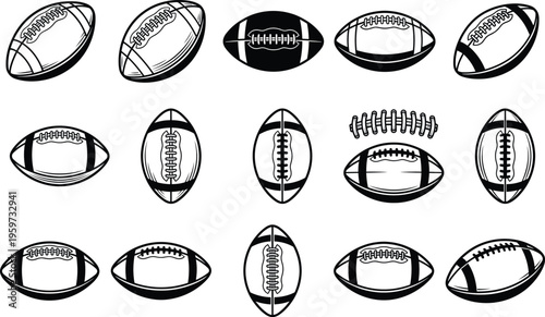 American football ball silhouette collection with multiple design variations isolated on white background, sports equipment concept for rugby style game and athletic branding