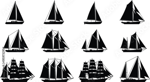 Sailboat and vintage ship silhouettes collection with various sailing vessels isolated on white background, maritime transport concept for nautical design and ocean travel