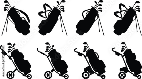 Golf bag silhouette set with clubs and trolley variations isolated on white background, sports equipment collection for golfing activity and recreation design