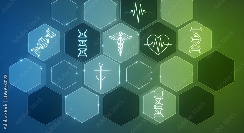 Obraz premium Futuristic medical infographic background featuring glowing hexagonal cells with DNA strands, caduceus symbol, and heartbeat icons on a blue and green gradient.