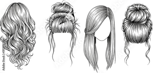 Women hairstyle line art set, long hair bun and straight styles vector illustration isolated for beauty salon design