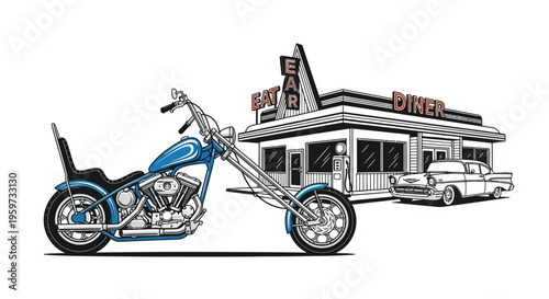 Retro Chopper and Classic Diner American Road Trip Art