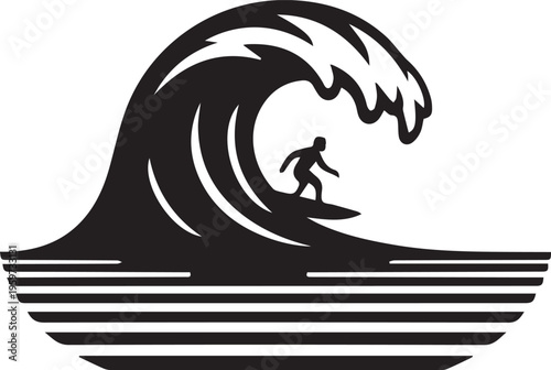 Silhouette of a surfer riding a large ocean wave with horizontal lines representing the sea surface below