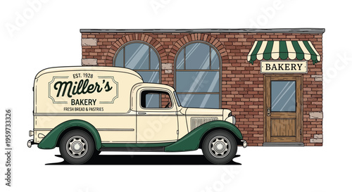 Vintage bakery shop with retro delivery truck illustration