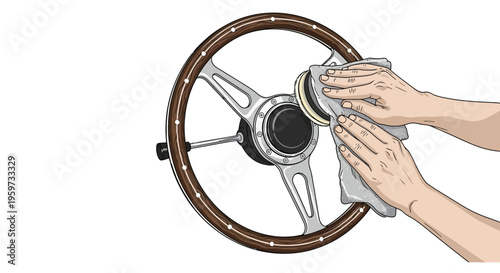Hands polishing classic automobile steering wheel
