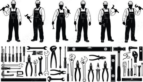 Construction Worker Silhouette Set with Hand Tools Including Wrench Pliers Hammer Screwdriver and Level for Repair Maintenance Service and Industrial Engineering Projects