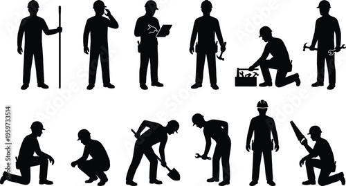 Construction Worker Silhouette Vector Collection, Industrial Builder Engineer and Handyman Poses with Tools and Shovel for Building Site Maintenance Projects Illustration