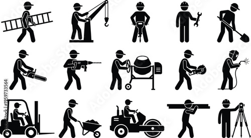Construction worker silhouette set featuring builders with tools heavy machinery excavator steam roller forklift and laborers for industrial site building and engineering