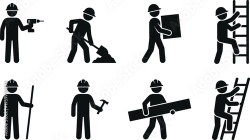 Construction worker silhouette set featuring builders with hard hats tools like drill hammer and ladder for industrial labor maintenance and repair