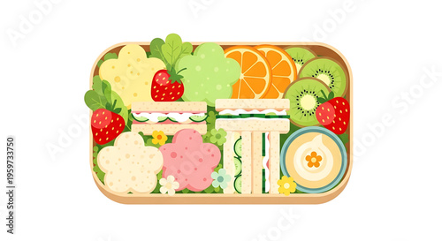 A colorful vector illustration of a bento box filled with various fruits and sandwiches