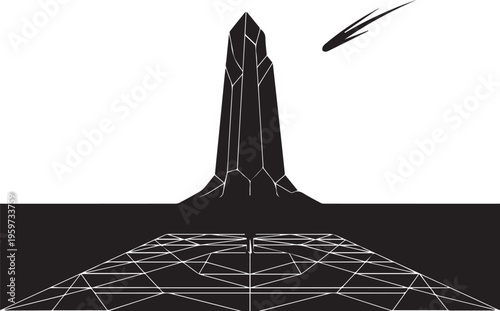 Abstract digital landscape silhouette featuring sharp crystalline monolith structure under falling meteor streaks on dark horizon