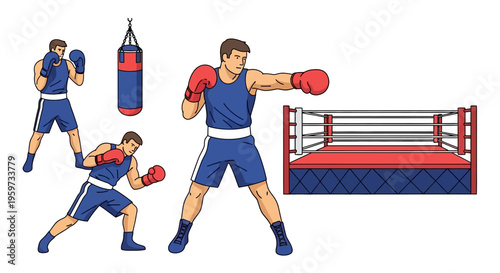 Boxer training elements including athletes in action boxing ring and punching bag representing sport and competition