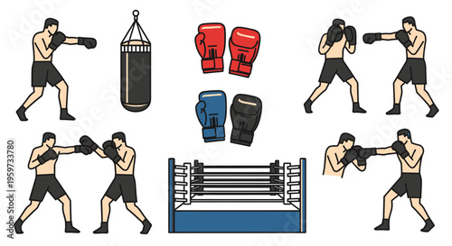 Athletic men practicing boxing punches and training with punching bag and boxing ring for sport and fitness concepts