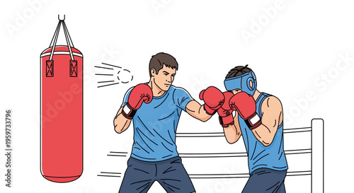 Athletic men engaged in boxing training practice with a heavy bag and opponent in a ring for combat sports competition and fitness development