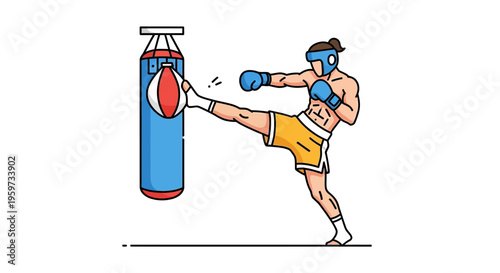 Male athlete practices martial arts kicking a large punching bag with protective headgear and gloves in an active training session illustration