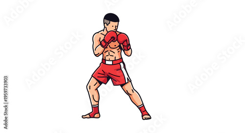 Martial artist in fighting stance wearing red shorts and gloves with muscular physique ready for combat sports training or competition action