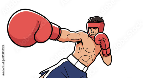 Male Boxer Wearing Red Gloves and Headgear Delivers a Powerful Punch During Training Session Competition Sport Action