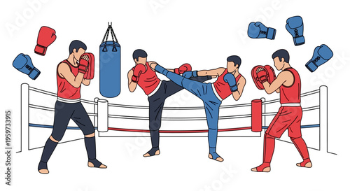 Martial Arts Athletes Training Sparring Fight Practice In Boxing Ring With Punching Bag And Gloves Demonstrating Combat Sports Action