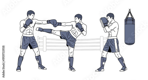 Martial Arts Training Sequence Showing Punch Kick Boxing Bag Exercise For Fitness And Combat Sport Development