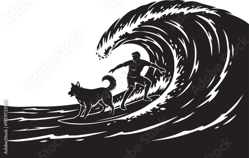 Man and dog surfing together on longboard inside massive crashing barrel wave silhouette showing partnership and water adventure