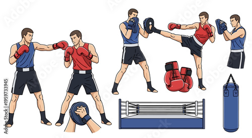 Athletic individuals practicing combat sport training with boxing ring punching bags and protective equipment on white background