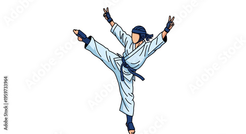 Martial arts practitioner in white uniform performing a dynamic side kick with hands raised in a victory gesture on a white background