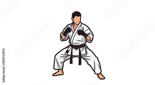 Martial Arts Fighter In Traditional Gi And Black Belt Ready For Combat In Defensive Stance White Background Isolated
